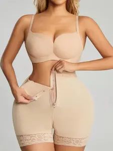 Women's Contrast Lace Zipper Front Hook & Eye Closure Shapewear Shorts, High Waist Tummy Control Shaper, Ladies Shapewear Bottoms for All Seasons