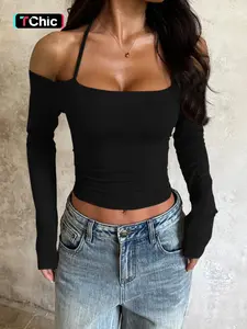 Women's One Shoulder Long Sleeve Top, Casual American Style Basic Shirt, Plain Design, Perfect for Daily & Everyday Wear & Layering, Womenswear