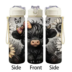 750ML Sport Water Bottle, Cute Highland Cow Print, Durable Plastic Cup, Ideal Gift for Highland Cow Lovers, Straw & Handle, Outdoor Use