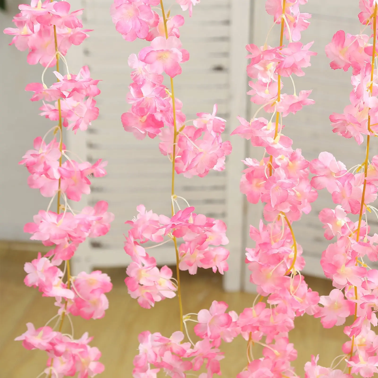 5-Pack Pink Plastic Artificial Cherry Blossom Silk Flower Garlands - 6ft Decorative Hanging Vines for Wedding, Floral Decor, Home Accents