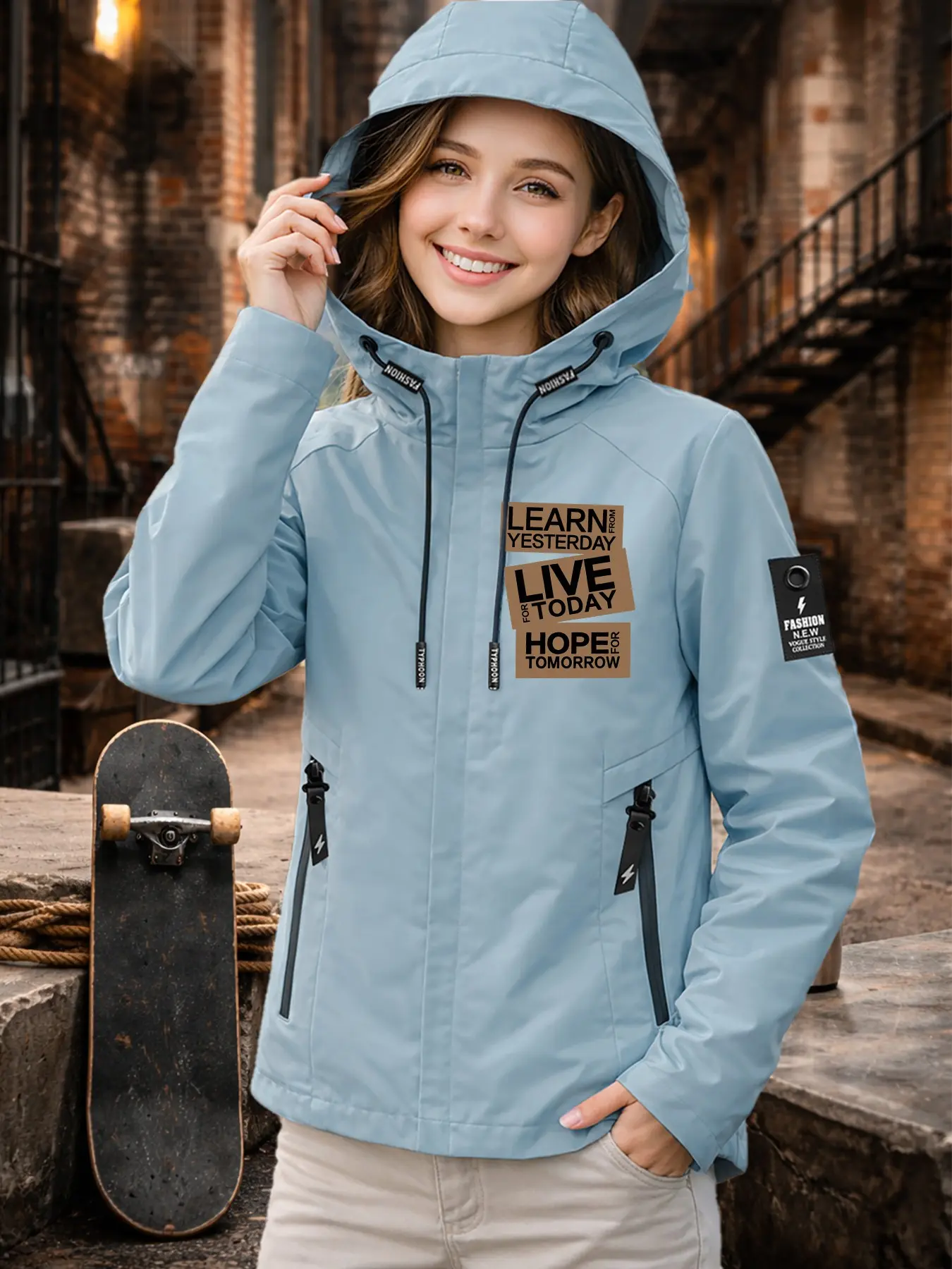 Women's Hooded Windbreaker Jacket Coat Top Two Colors Available LEARN LIVE HOPE Motivational Slogan Print Textured Eye-Catching Loose Fit Slim Age-Reducing Lazy Street Style Versatile Comfortable Breathable Machine Washable Cool & Stylish Jacket