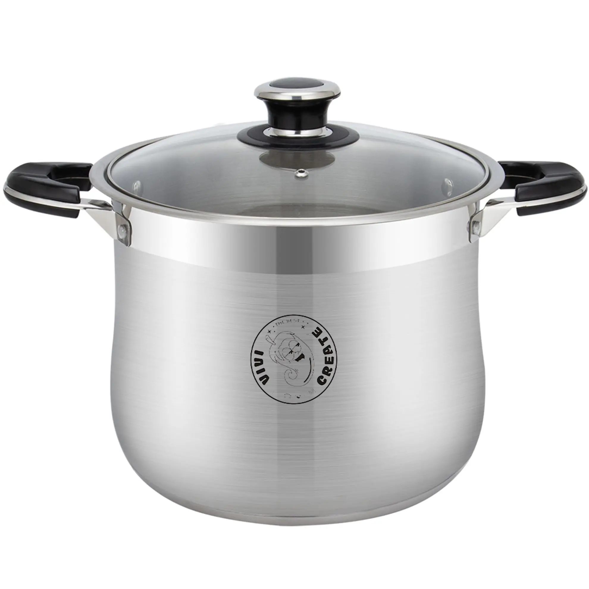 Vivicreate Stainless Steel Stock Pot, 9 Quart, Heavy Duty Induction Compatible, Glass Lid, Tri-ply Bottom Cookware Thick