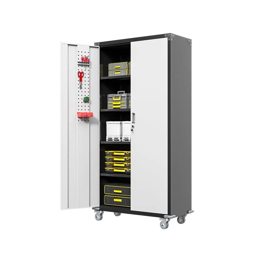 Garvee Lockable Rectangular Metal Tool Cabinet - 71in Low-Maintenance Steel Storage Cabinet with Doors, Secure Design, Adjustable Shelves, Lockable Casters, Easy Assembly, Installation Instructions (Garage, Home) for Storage Organization