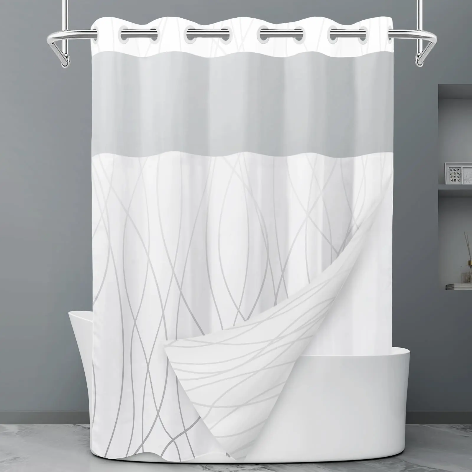 Gray White No Hook Shower Curtain with Snap-in Liner  Stripe Pattern Waterproof Mesh Top Window Bottom Magnets, Hotel Style, Machine Washable, Quick Dry, Modern, for Bathroom 71 x 74 Inch |
