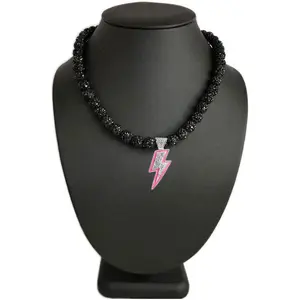 Iced Bling Disco Ball Rhinestone Crystal Bead Baseball Softball Necklace Black Pink Lightning