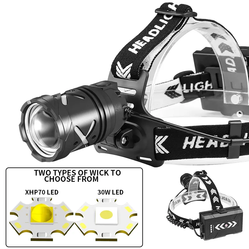 30W LED High-Power Long-Range Headlamp XHP 70 USB Rechargeable High-Brightness Adjustable Zoom Headlamp
