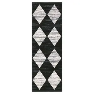 2 x 6 ft Polyester Black Rectangular Laundry Bathroom Kitchen Modern Geometric Diamond Print Machine Washable Runner Rug-C