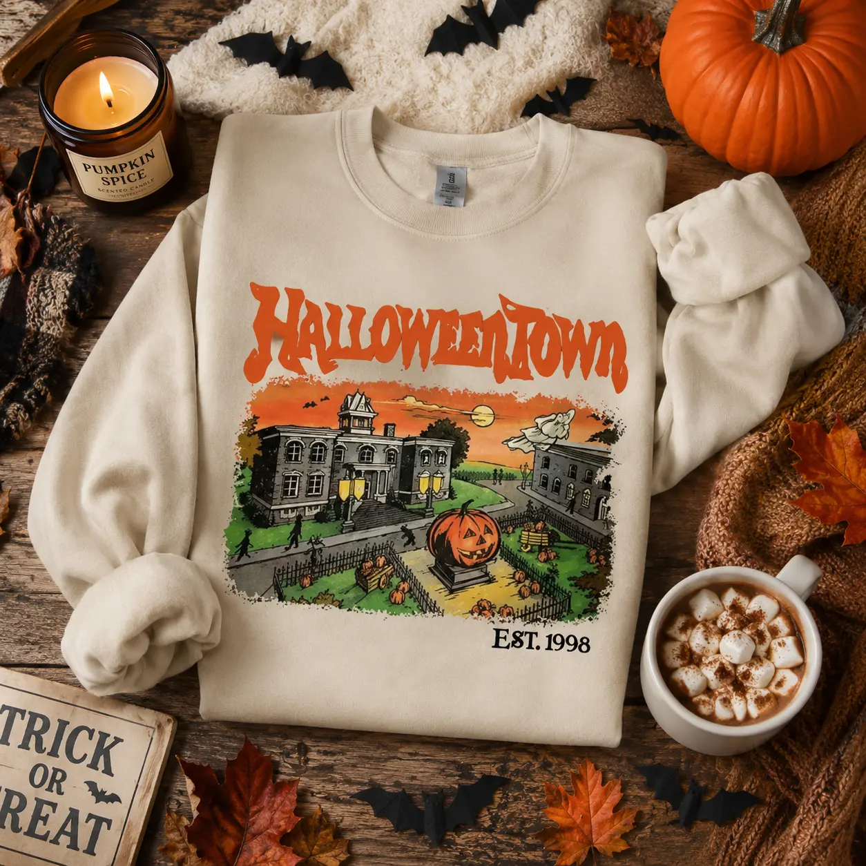 Vintage Halloween Town Sweatshirt, T-Shirt, Hoodie, EST.1998 Crewneck, Spooky Pumpkin Graphic Sweatshirt, Retro Fall Pullover, Halloween Lover Gift