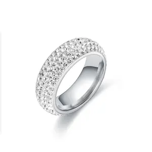 Titanium Steel 5 Row Full Pave CZ Wide Band Ring, Iced Out Curved Chunky Statement Ring, Hip Hop Rock Style Unisex Ring, Hypoallergenic Fashion Jewelry for Party Daily Wear & Gift