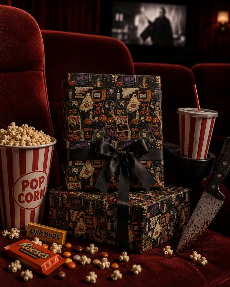 Vintage Horror Halloween Wrapping Paper  Retro Slasher Gift Wrap  Classic Monster Film Collage  Spooky Gothic Halloween