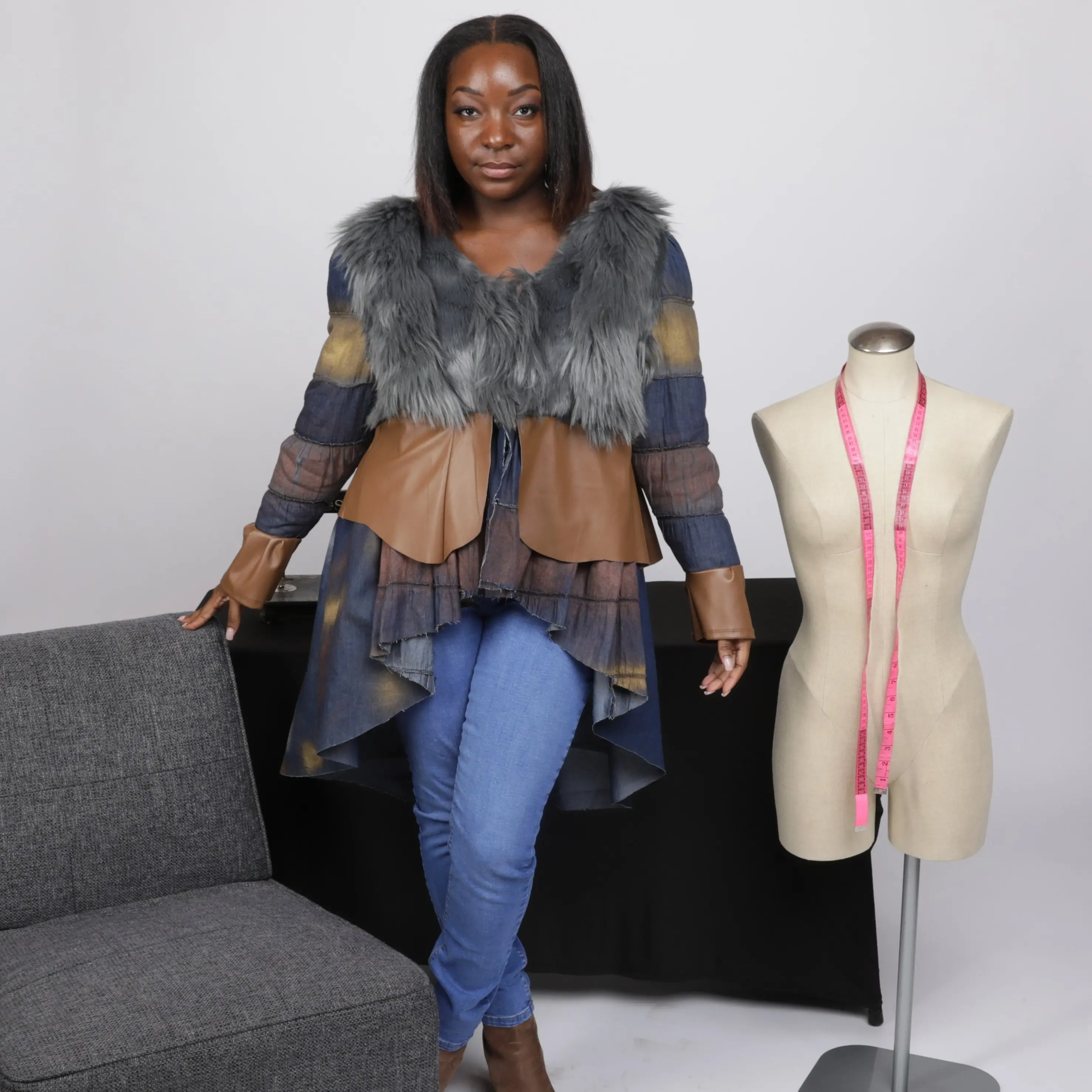 Faux Leather and Fur Layered Peplum Jacket