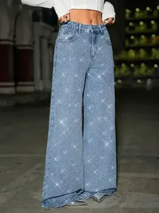 Women's Fashion Denim Trendy Wide Leg Comfortable Rhinestone Design Elegant Long Pants, Fitted Plain Style, All Seasons
