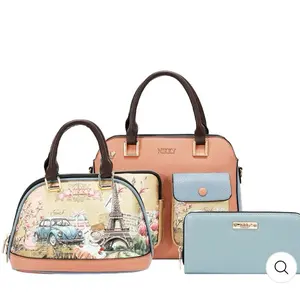 NIKKY 3 PIECE SET Satchel Crossbody Wallet Vintage Inspired Florals Eco Leather Polyester Linings Gold Tone Hardware
