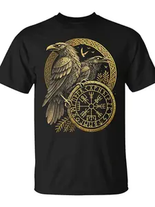 7.5oz Norse Rune T-Shirt, Unisex Celtic Viking Compass Design, Casual Loose-Fit Long Sleeve Top, All-Seasons Clothing