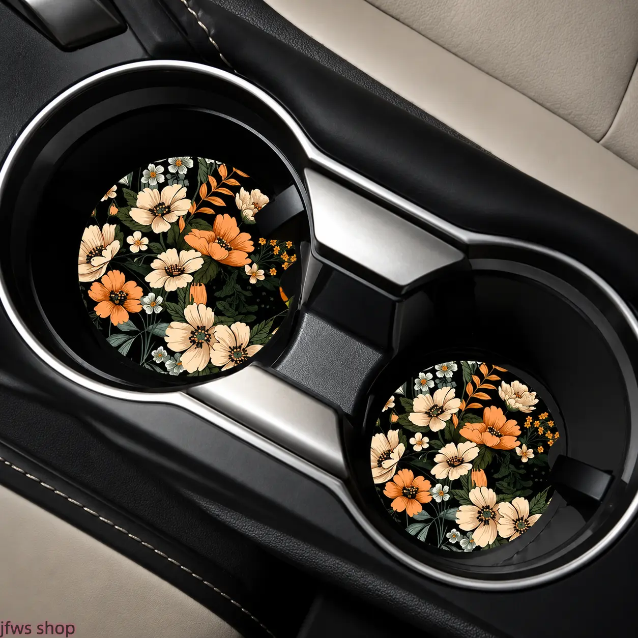 Floral Car Cup Holder Coaster for Women, Girly Flowers Design, Round Anti-Slip Pad that Enhances Car's Interior, Girly Design, Keeps Cup Holder Clean