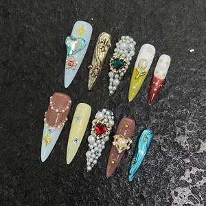 AURÉA Vintage Fairy Tale Gem Press On Nails| Handmade Colorful Pearl & Rhinestone Nail Art| Royal Princess Luxury Nails