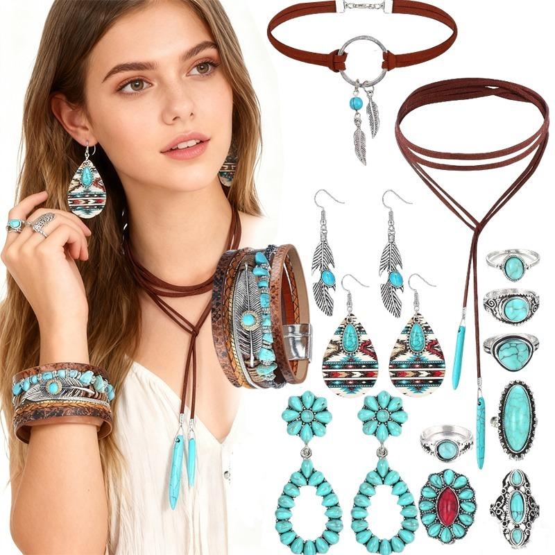 13PCS Bohemian Western Style Synthetic Turquoise Necklaces, Earrings, Bracelets, and Ring Sets for Women'S Daily Vacations, Party Wear, Jewelry, Holiday Gifts