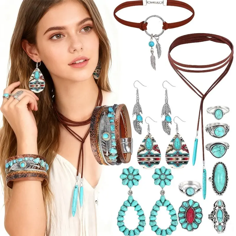 13PCS Bohemian Western Style Synthetic Turquoise Necklaces, Earrings, Bracelets, and Ring Sets for Women'S Daily Vacations, Party Wear, Jewelry, Holiday Gifts