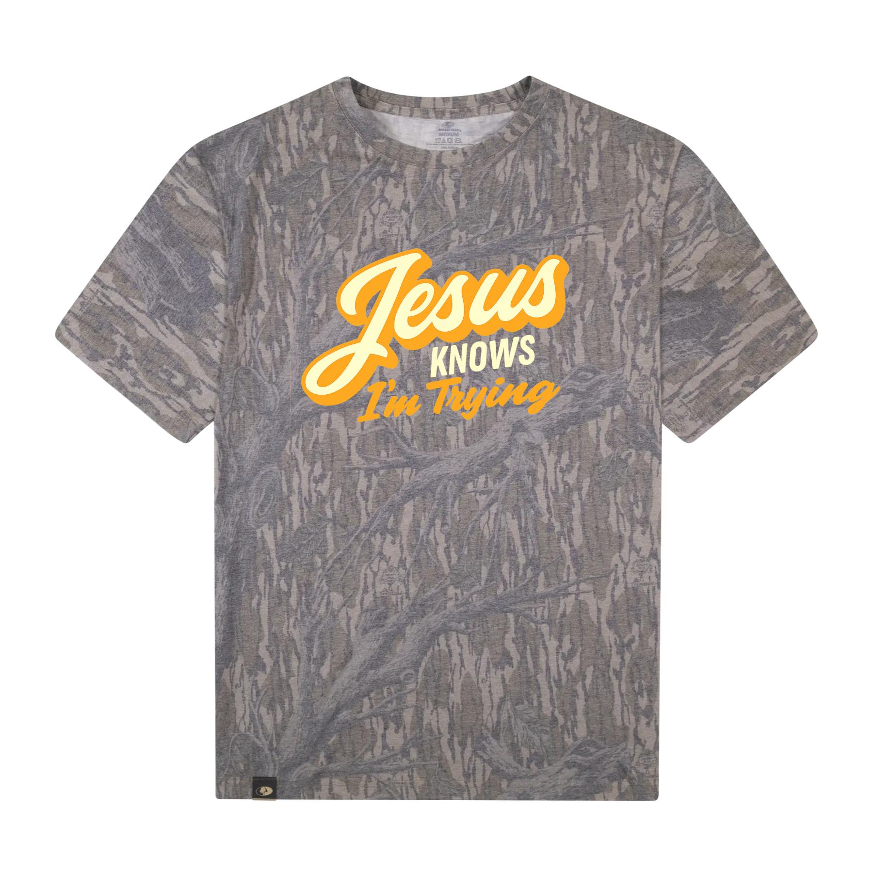 Jesus Knows I'm Trying Camo Christian T-Shirt | Faith Graphic Tee Religious Shirt for Men Women