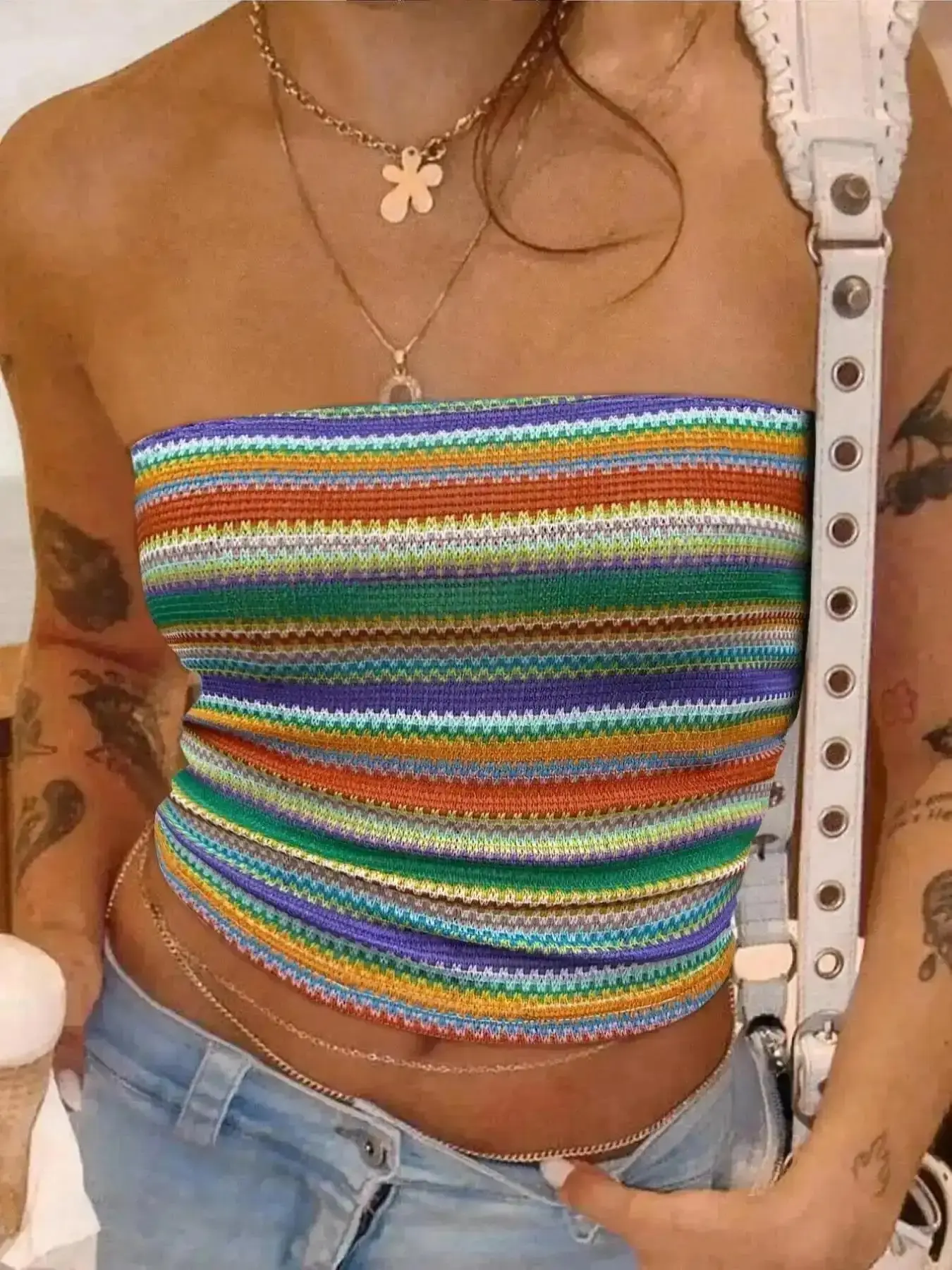 Women's Tube Top Rainbow Stripe Pattern Strapless Sleeveless Crop Casual Y2K Summer, Versatile, Lookbook Style, Party Season, Home Comfort, Workplace Chic, Everyday Chic, Evening Chic, Meeting Ready, Business Casual