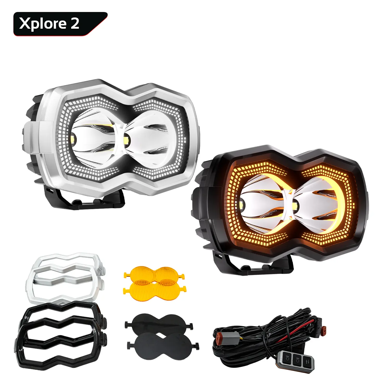 Xplore 2 LED Headlights with Amber and White Options, Includes Mounting Brackets and Wiring Harness for Easy Installation