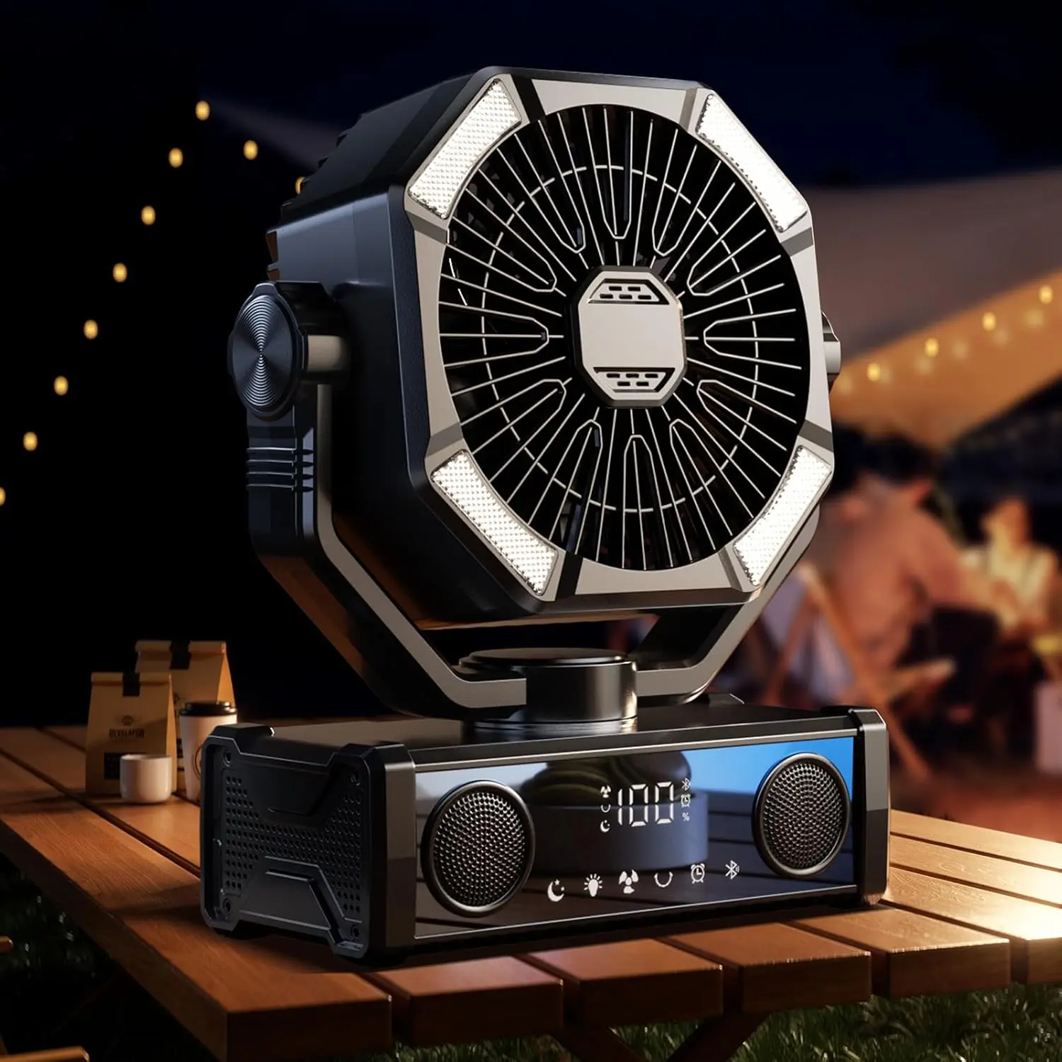 Portable fan rechargeable with 5.3  Speaker, 25000mAh Camping Fan with 5 Speed  Control & 3-Mode LED Light, Remote, USB/Type-C Ports, 1-8H Timer for Party, Travel, BBQ, Indoor, Outages