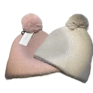 Hat Gorro para el frio with Pom Pom and Sparkle Detail in Pink and Beige Colors