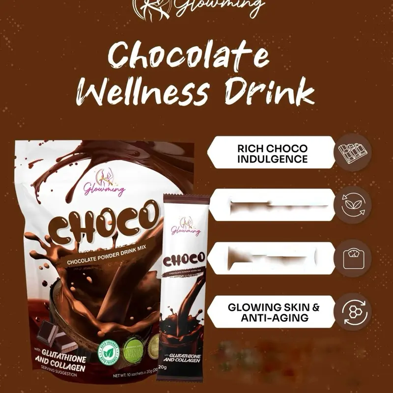 glutathione chocolate Cris Cosmetics Glowming Bundle - Glutathione & Collagen Drink Mix | 5 Packs  (2 Pom, 2 Choco & 1 Berry)