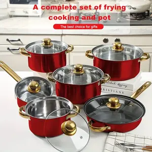 Stainless steel pot set (5 pots + 5 lids), red exterior design, ideal for home and restaurant cooking, outdoor, dormitory, camping, dishwasher cleaning, must-have camping-kitchen tools, Christmas, holiday gifts.