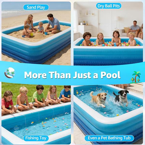 "121-inch Large Inflatable Swimming Pool, 304.8 cm Heavy-Duty PVC Durable Pool, Suitable for Adults, Families, Children, and Pets, Summer Blue Design, 4-Layer Thickened, Super Durable, Ideal for Backyard Use"