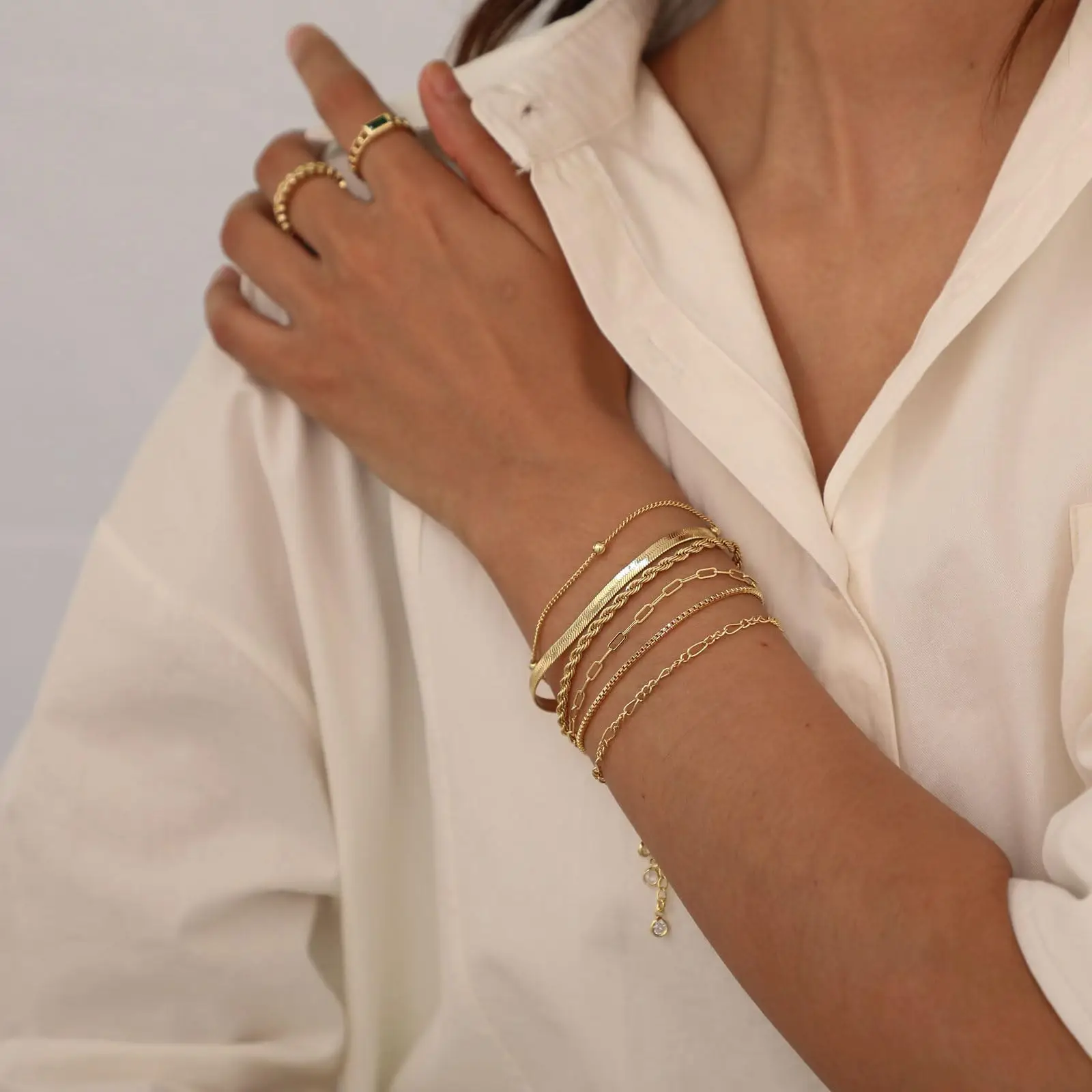 KYERLYN Gold Bracelets for Women Waterproof 14K Plated Jewelry Sets Trendy Thin Dainty Stackable Cuban Link Paperclip Chain Pack Gifts letter she in