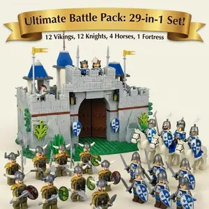 Medieval Battle Pack Building Blocks Set, 29-in-1 Castle Fortress with Knights & Vikings Army Minifigures, Horses & Weapons