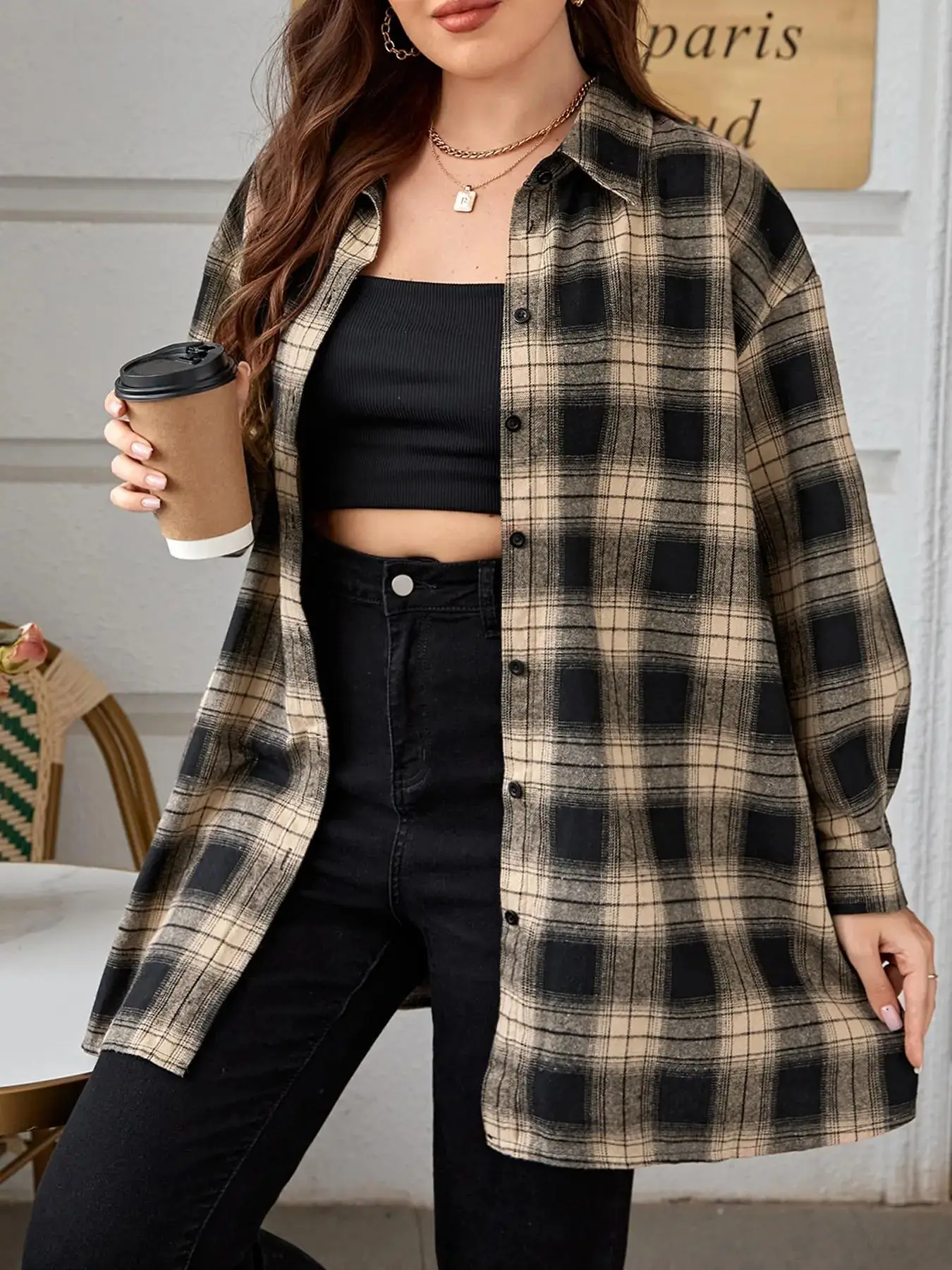 Plus Plaid Print Button Front Drop Shoulder Blouse, Casual Long Sleeve Collared Top for Daily Outdoor Wear, Women's Clothes for Fall & Winter
