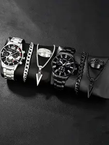 8pcs - Men's Handsome and Fashionable Round Quartz Watch+Personalized Necklace Ring Bracelet Accessories Set Valentine's Day Easter Halloween Ramadan Birthday New Year's Day Christmas Best Choice for Giving Gifts to Friends