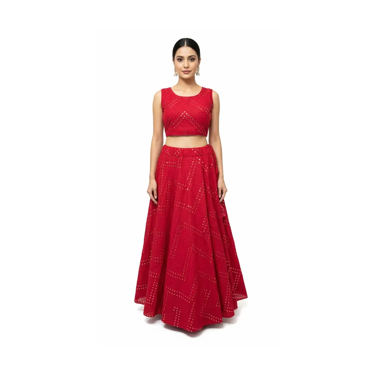 #K9 Red Mirror-Work Lehenga Set (Crop Top + Flared Skirt) – Festive/Party Wear