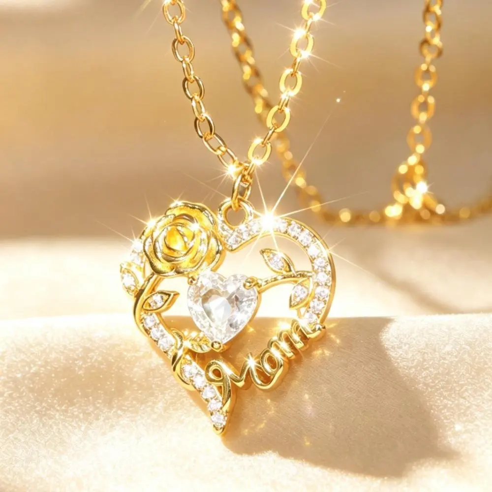 An Elegant and Shiny Heart-shaped Rose Necklace, Available in Multiple Colors, with The Word "MOM" Engraved on It To Convey Love. A Gift for Mother's Day.