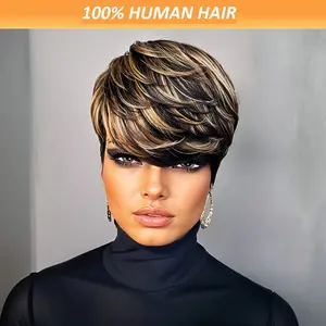 New Fashionable Hot Arrivals Chic 1B/27/60 Colored Pixie Straight Wig for Women - Brazilian Remy Human Hair, 150% Density, Non Lace, Natural Looking Mixed Color for Daily Wear & Party Use