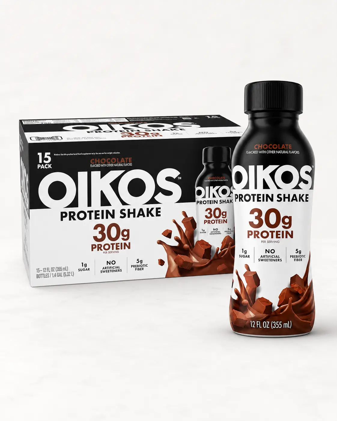 Oikos Protein Shake, Chocolate, 30g Protein, Shelf Stable, Bottles, 15 ct./12 fl. oz., workout snack, 5g prebiotic, No Artificial Flavors, No Sugar Add Muscle Fitness Healthcare