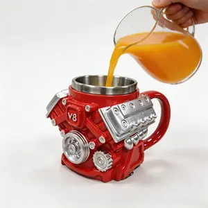 V8 Engine Shape Novelty Ceramic Mug - Red, 10oz, Car-Inspired, Handcrafted Durable Stylish Practical Drink Cup, Home & Party Supplies Gift for Mechanics,summervibes outdoorfun Drinkware
