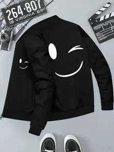 Men's Trendy Casual Jacket with Playful Winking Face Print, Fitted Design for All Seasons, Youthful Business Sportswear, Casual Style Outerwear
