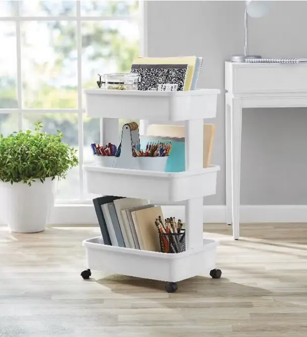 White 3-Tier Plastic Utility Cart, Rolling Laundry Storage Organizer for Home Organization