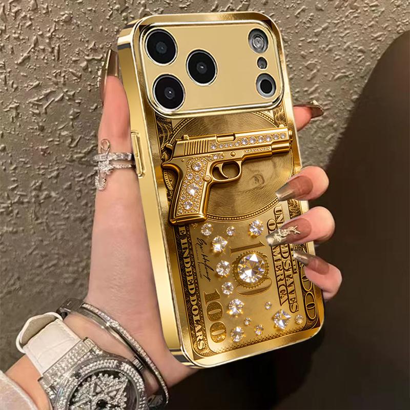 Whole Pistol Gold Dollar Pattern Electroplated Glass Phone Case, Available in Gold and Silver, High-end Luxury Phone Case, Compatible with iPhone 11/12/13/14/15/16/17