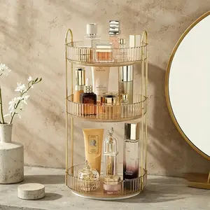 360° Rotating Makeup Organizer, 3-Tier Large Capacity Cosmetic Storage Shelf, Light Luxury Acrylic Bathroom Organizer with Metal Frame, Multi-Lazy Susan Turntable for Vanity, Bedroom & Kitchen