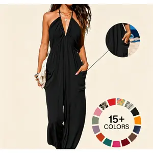 Plunge Halter Wide Leg Jumpsuit with Pockets Sleeveless Overalls– Adjustable Strap Lightweight Tropical Print Resortwear Womensfashion Summer Beach Holiday#SummerVibes