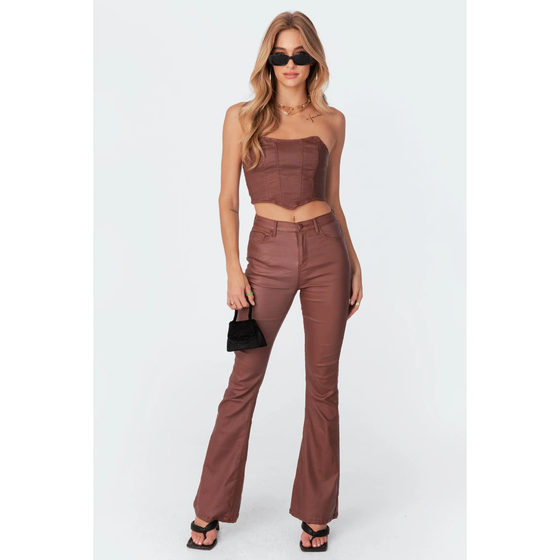 Luna Faux Leather Mid Rise Flared Jeans