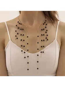 Elegant Black Long Tassel Necklace for Women Ethnic Style Statement Choker with Pearl Accents Fashionable Boho Jewelry for Evening Party Casual Outfits