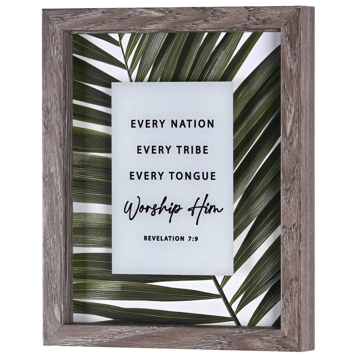 8x10 in Rectangular Wooden-MDF Shadow Box Art, 360-Degree Rotating Stand Wall Print Frame, Religious Home Decor with "Every Nation Tribe Tongue" Design, Glass