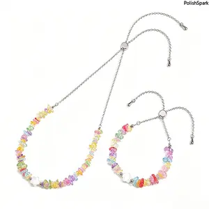 Colorful Rainbow Natural Stone Chip Bead Jewelry Set, Adjustable Beaded Bracelet & Necklace Stack Set, Boho Aesthetic Daily Party Jewelry Gift For Women Girls summervibes