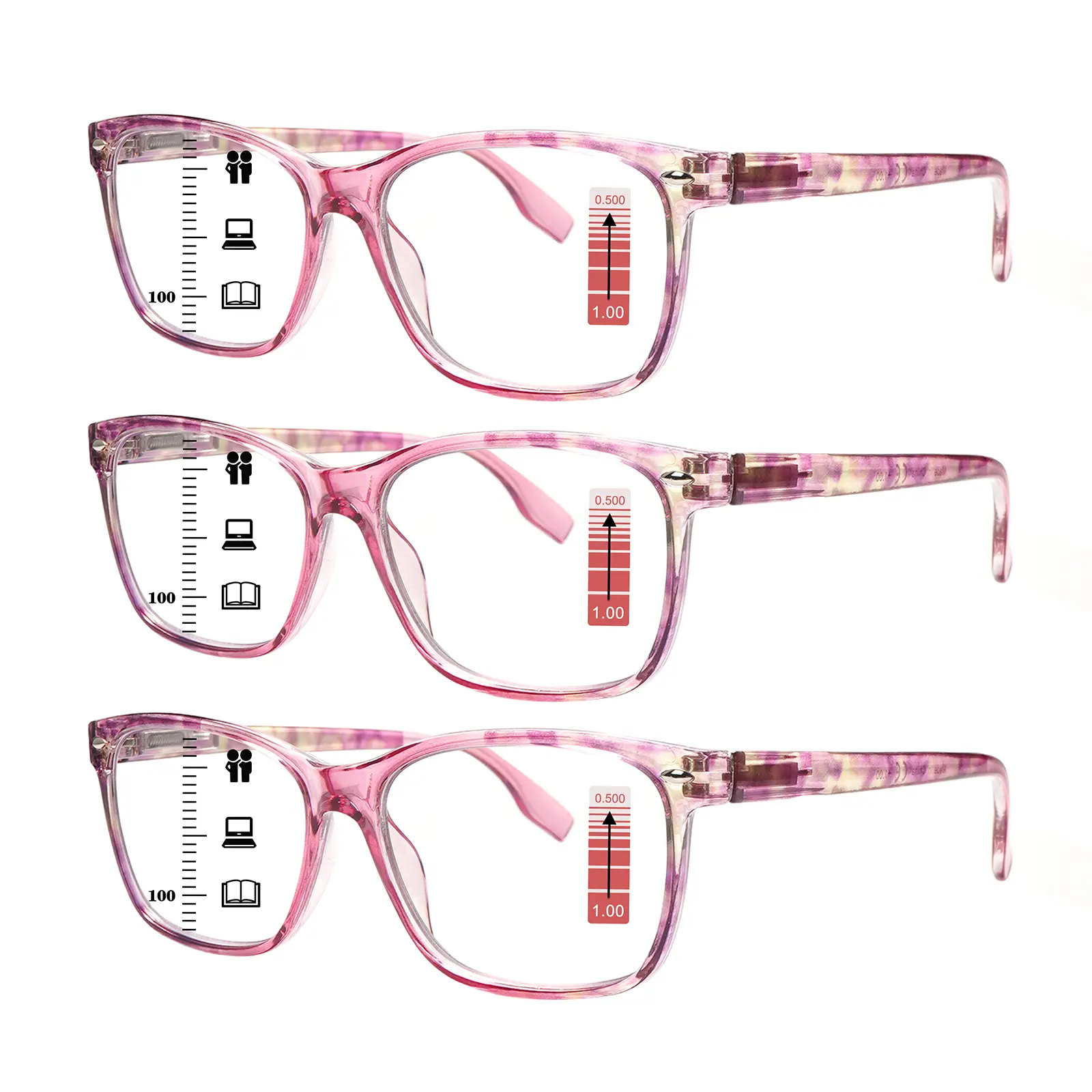 3-Pack Pink progressive Multifocal Fashion Blue Light Blocking Reading Glasses Features triple-zone vision adjustment, spring hinge design, and UV 400 protection. Dopamine-inspired accessories, comfortable and durable. Perfect as holiday gifts High Qualit