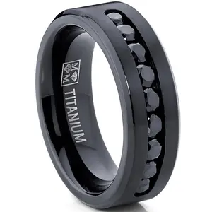 Men's Black Titanium Ring Wedding Engagement Band With 9 Large Channel Set Black CZ, 8mm